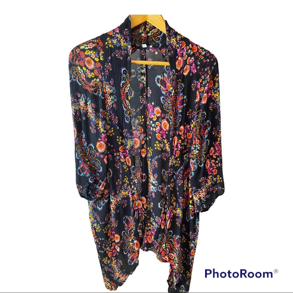 3/$40 Patrons Of Peace Kimono Jacket - Black Multicolour Boho Floral
